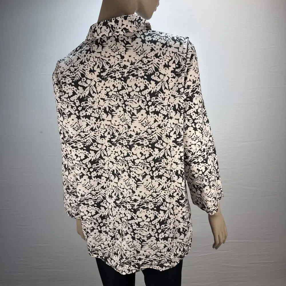 Lafayette 148 Womens Floral Button Up Blouse Top Shirt Size L Cream Black Cotton - Picture 4 of 7